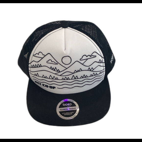 Boco Technical Trucker Cap Hat Snapback Black White Foam Front Graphic REI CO-OP - Picture 1 of 6